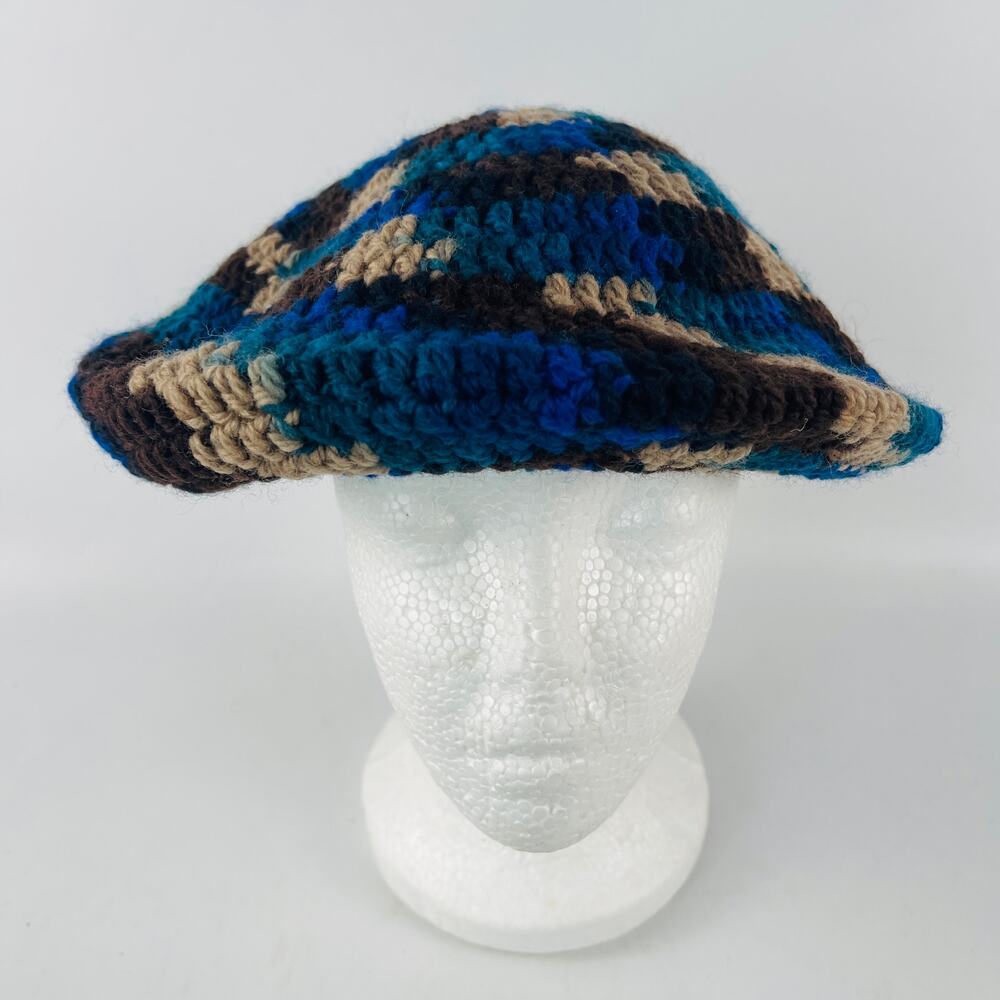 Handmade Crochet Beret Slouch Round Hat Blue Brown